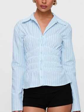 Princess Polly White Smocked Button-Down Stripe Shirt shirred long sleeves